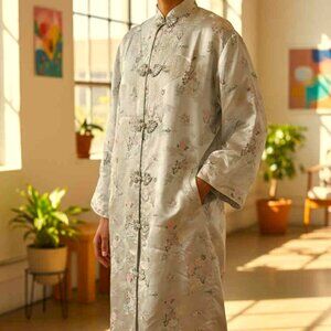 Vtg Gold Asian Satin Brocade Long Cheongsam Robe Jacket Embroidered Floral Sz XL